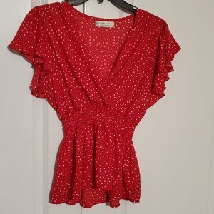 Jon & Anna Red With White Dots Peplum Blouse Flutter Sleeve, Smocked Waist Sz M.